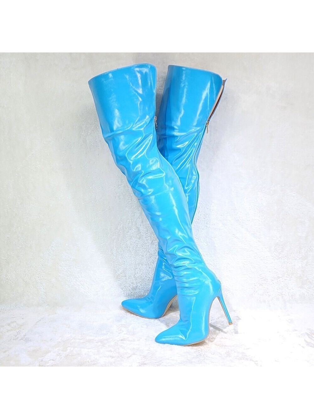 NIB Excite Turquoise Blue Faux Leather Thigh High Boot Stiletto Heels Back Zipp